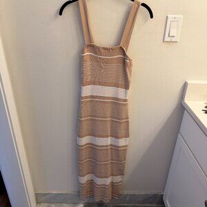 Merokeety Tan & White Striped Knit Maxi Dress | Size L | NWT